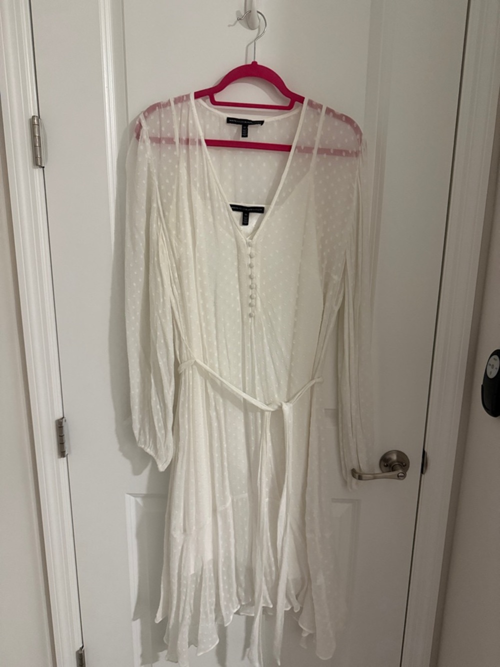 White long sleeve dress from WHBM. Mini Swiss dot XL